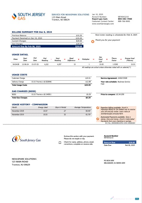 Download USA New Jersey gas business utility bill template in Word and PDF formats Photoshop template